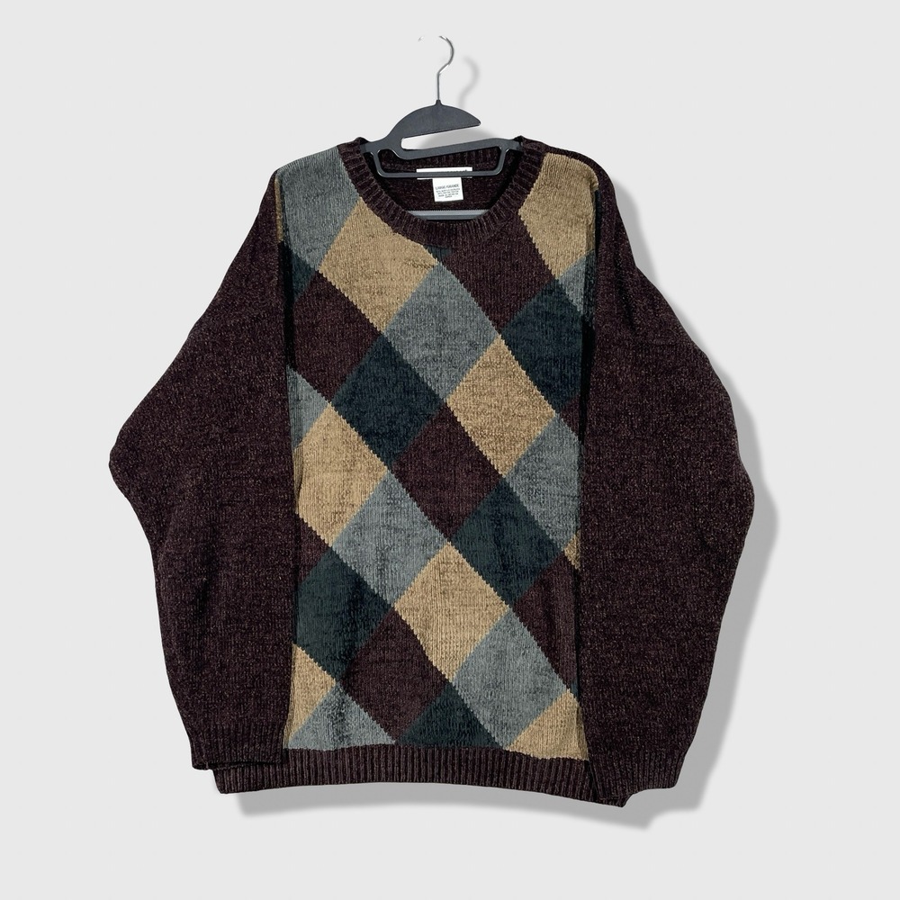 Knightsbridge Sweater Mens L Brown Argyle Chenille Soft Academic Preppy‎ Grandpa